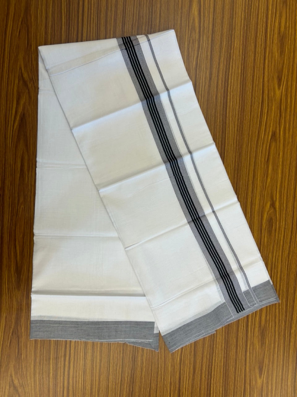 20% Discount ! KaithariKada Balaramapuram 100% Cotton Double Pure white Mundu/Dhoti- 100x100 - 1.5 inch Black Striped Kara - 4mtr ( 8 muzham) - 40 KK5253 GAN