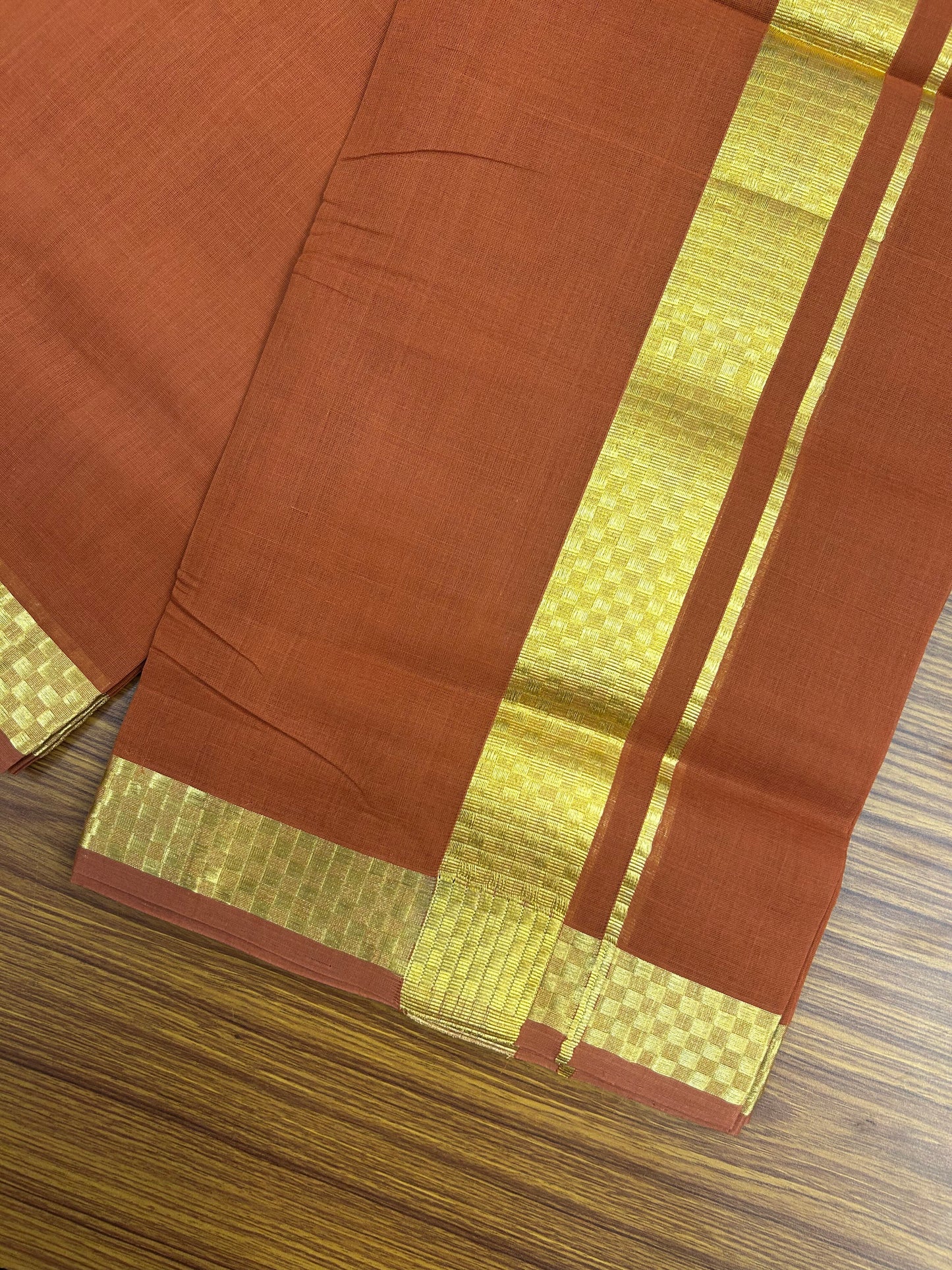 25% Discount! KaithariKada Handloom Unakkupaav Kerala Handloom- 100% Cotton Double Mundu/Dhoti - 1.75 inch Gold Kasavu Jacquard Design Kara with Brick Orange colour Body- 11 KK5375 ABH