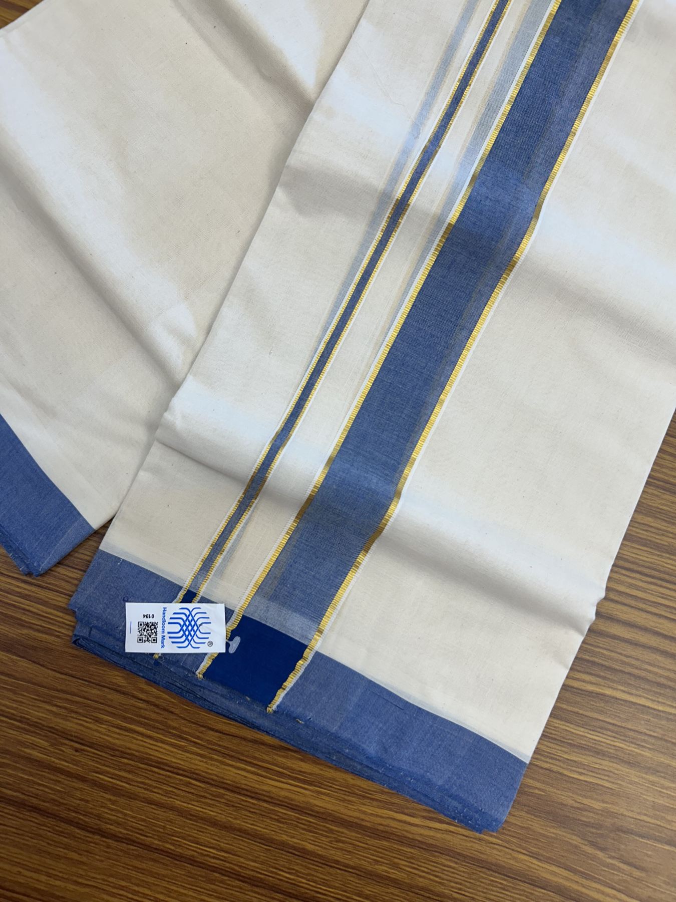 Kerala Handloom - Kaitharikada - 25% Discount! - Government Sealed Hallmarked-100% Pure Cotton! (90X80s) Twisted Thread- Off White Double Mundu/Dhoti - 1.75 inch Gold Kasav & Blue Shaded Kara 4 mtr (8.5 muzham) - 20 KK5331 KAL