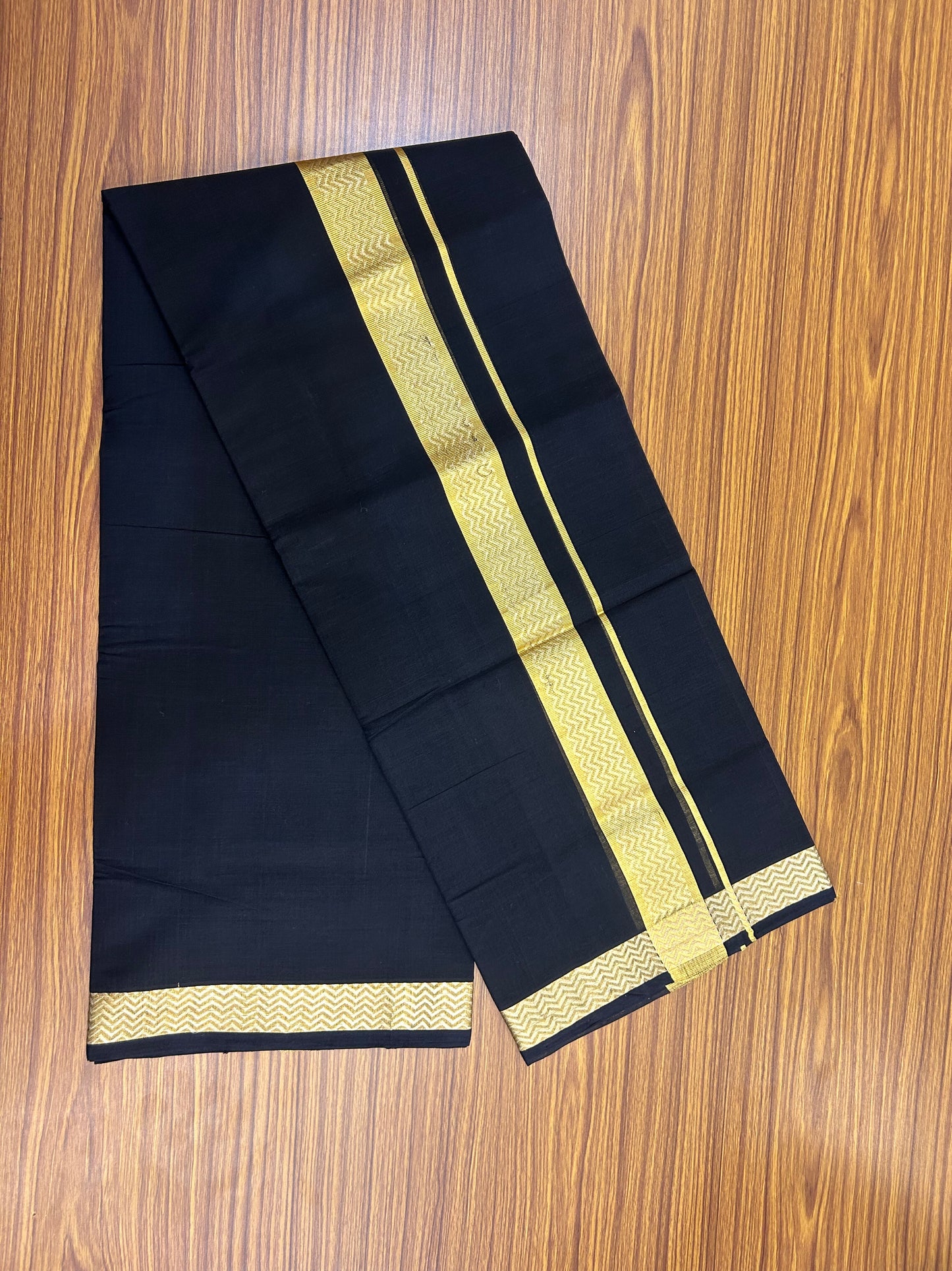 25% Discount! KaithariKada Handloom Unakkupaav Kerala Handloom- 100% Cotton Double Mundu/Dhoti - 1.75 inch Gold Kasavu Jacquard Design Kara with Black colour Body- 9 KK5375 ABH