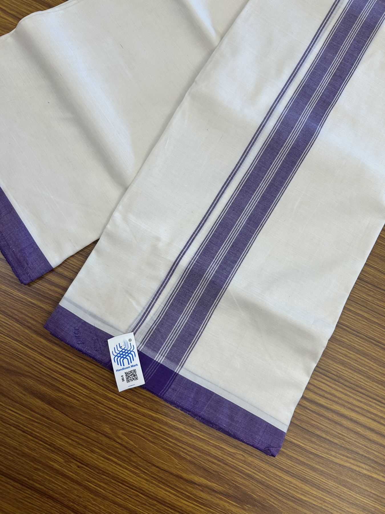 Kerala Handloom - Signature Kaitharikada - Government Sealed Hallmarked-100% Pure Cotton! (2/120X2/160) Twisted Thread- Off White Double Mundu/Dhoti - 1.5 inch Violet Shaded Striped Kara 4 mtr (8.5 muzham) - 21 KK5331 KAL