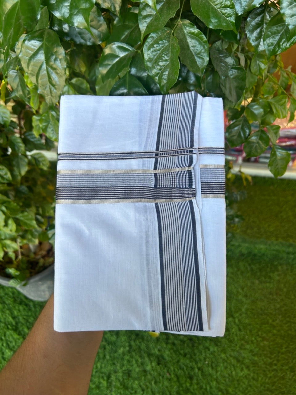 20% Discount ! KaithariKada Balaramapuram 100% Cotton Double Pure white Mundu/Dhoti- 100x100 - 1.25 inch Silver Kasavu Navy Blue & Shaded Striped Kara - 4mtr ( 8 muzham) - 36 KK5253 GAN