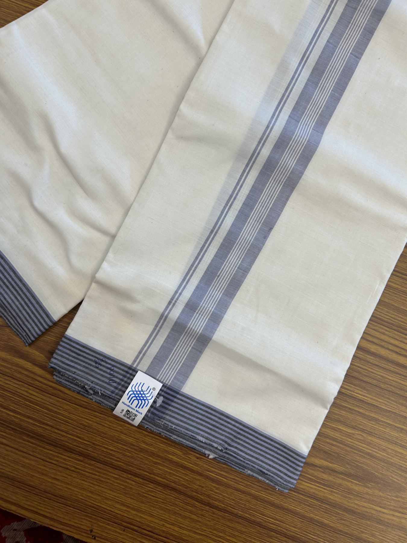 Kerala Handloom - Signature Kaitharikada - Government Sealed Hallmarked-100% Pure Cotton! (2/120sX100) Twisted Thread- Off White Double Mundu/Dhoti - 1.5 inch Light Lavender Blue Shaded Striped Kara 4 mtr (8.5 muzham) - 23 KK5331 KAL