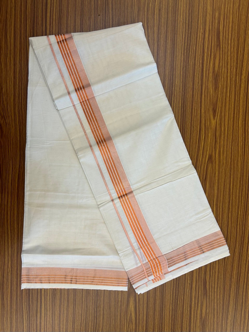 20% Discount! KaithariKada Balaramapuram 100% Cotton Double Off White - (Unbleached) Mundu/Dhoti - 80x80 - 1.5 inch Copper kasav striped Kara 4 mtrs - 1 KK5253 GAN