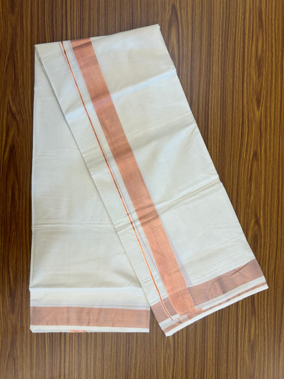 20% Discount! KaithariKada Balaramapuram 100% Cotton Double Off White - (Unbleached) Mundu/Dhoti - 80x80 - 1.75 inch Copper kasav striped Kara 4 mtrs - 3 KK5253 GAN