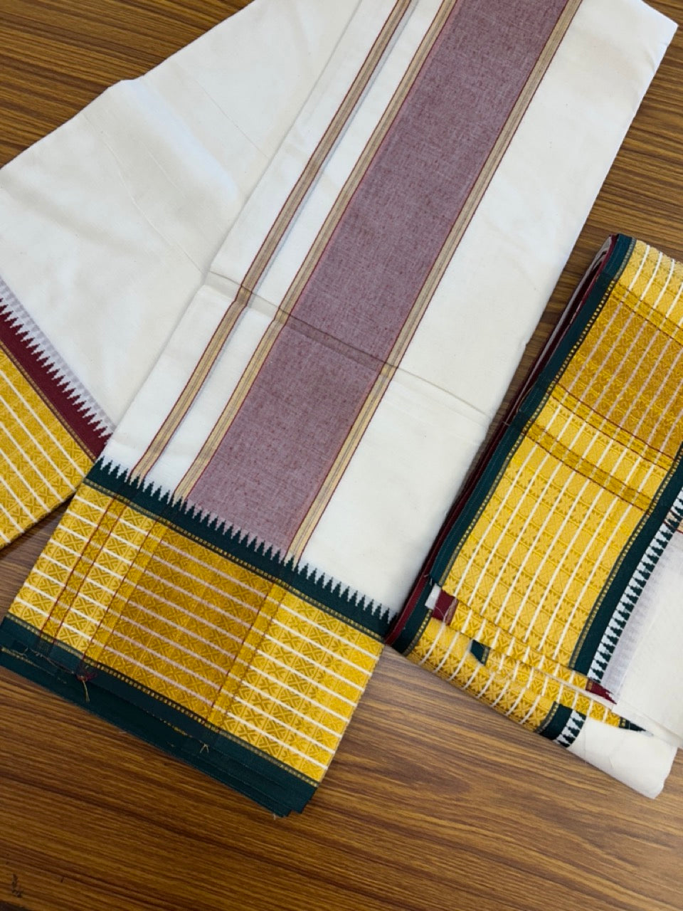 20% Discount! KaithariKada  Mixed Cotton Off White - (Unbleached) 80x90 thread - North Indian - Gamcha 8x4 - 3.75 inch kara with Maroon & Dark Green Gold Kasav border - 1 KK5303 PMC