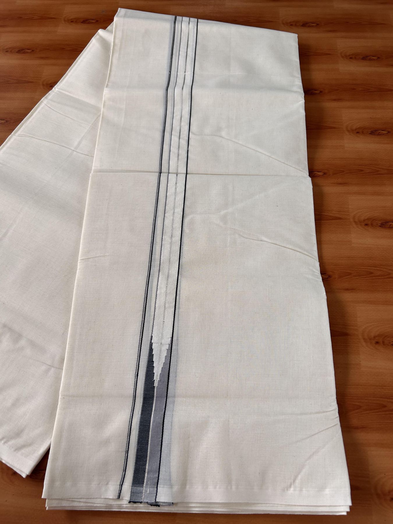Double Off White (Unbleached) Mundu/Dhoti - 20% Discount !! KaithariKada Balaramapuram - 100% Cotton - 100X100 - 1 inch Puliyilakkara Silver Kasav Black & Ash Grey Striped chutty Kara (4.25 meter / 9.11 muzham) - 2 KK5435 ASH