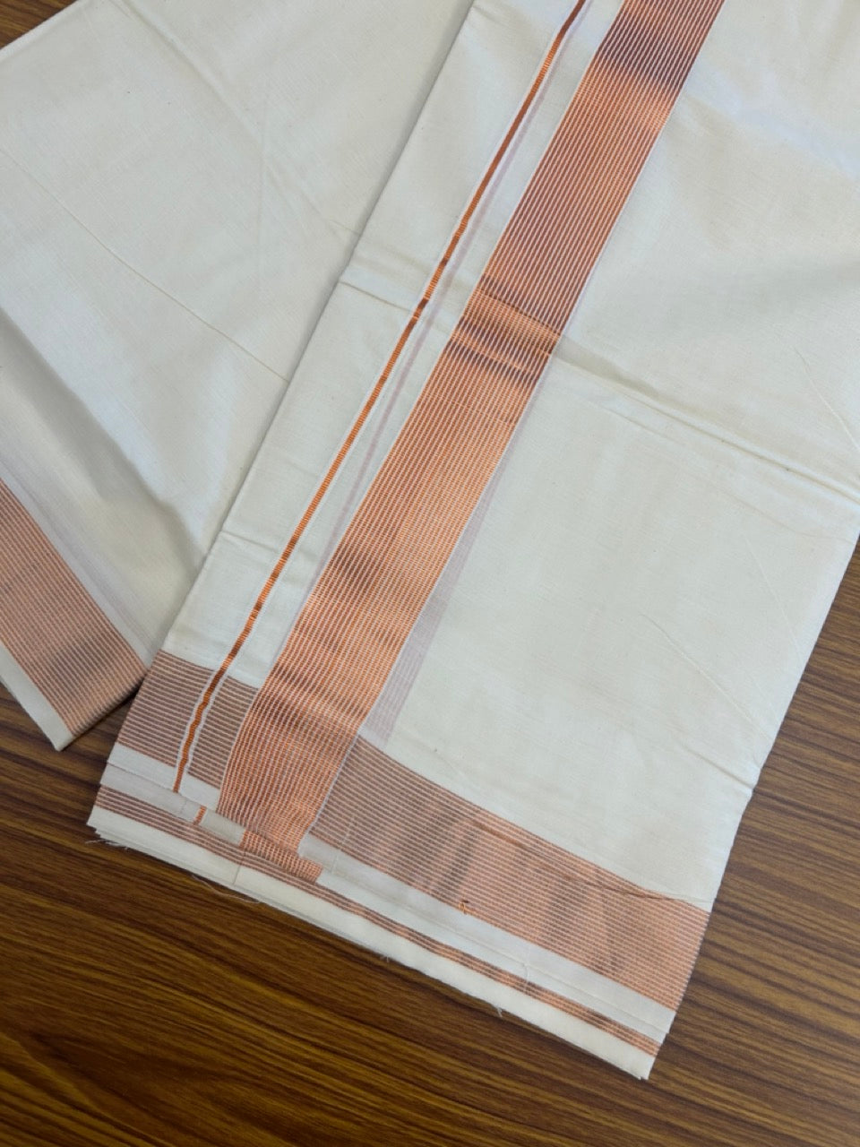 20% Discount! KaithariKada Balaramapuram 100% Cotton Double Off White - (Unbleached) Mundu/Dhoti - 80x80 - 1.75 inch Copper kasav striped Kara 4 mtrs - 3 KK5253 GAN