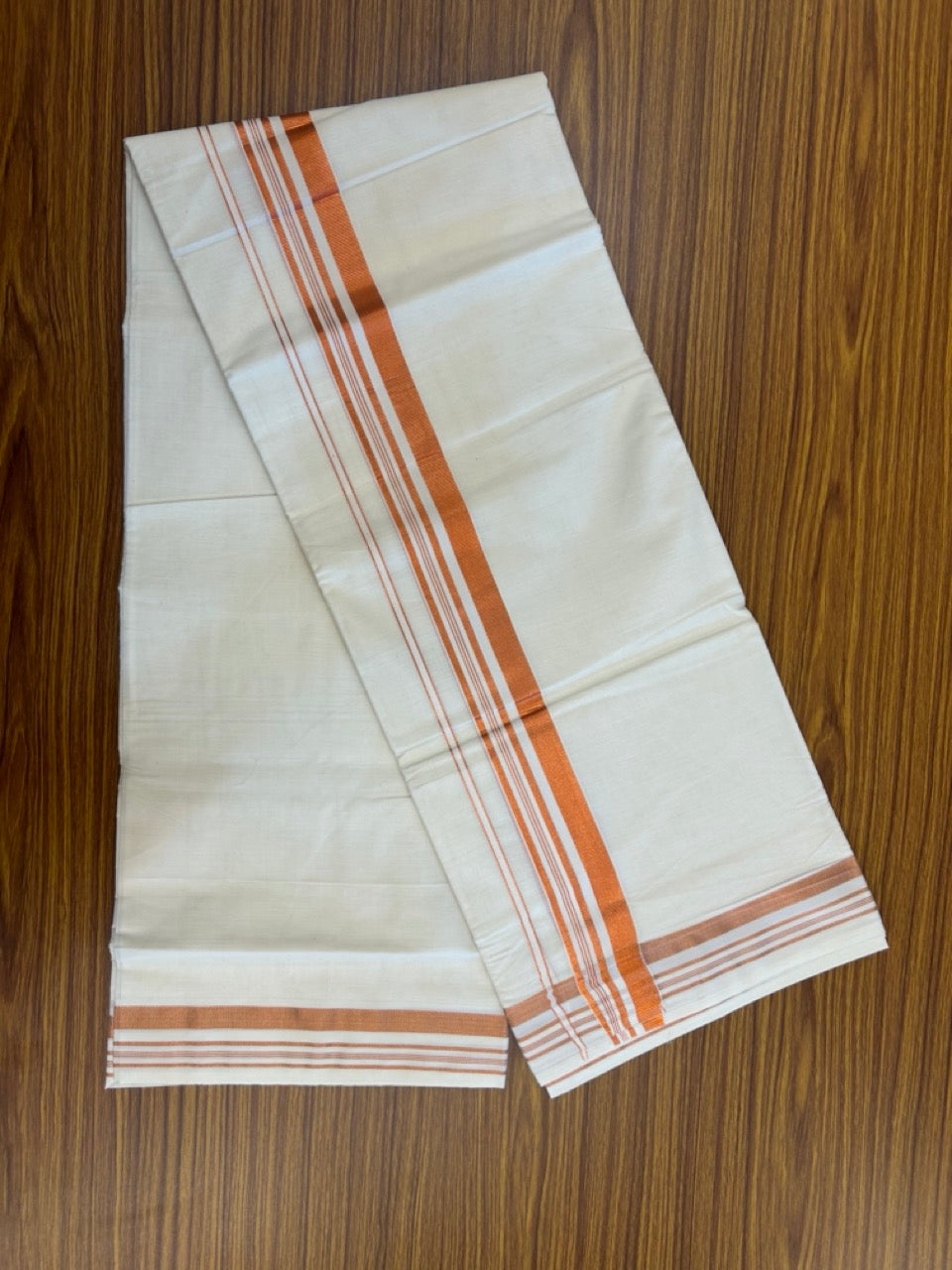 20% Discount! KaithariKada Balaramapuram 100% Cotton Double Off White - (Unbleached) Mundu/Dhoti - 80x80 - 1.75 inch Copper kasav striped Kara 4 mtrs - 2 KK5253 GAN