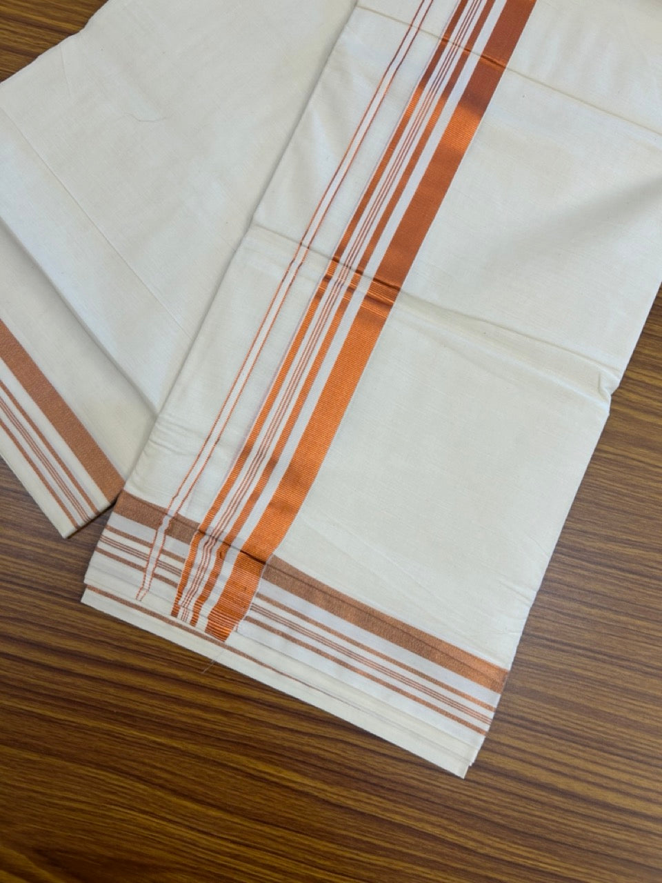 20% Discount! KaithariKada Balaramapuram 100% Cotton Double Off White - (Unbleached) Mundu/Dhoti - 80x80 - 1.75 inch Copper kasav striped Kara 4 mtrs - 2 KK5253 GAN