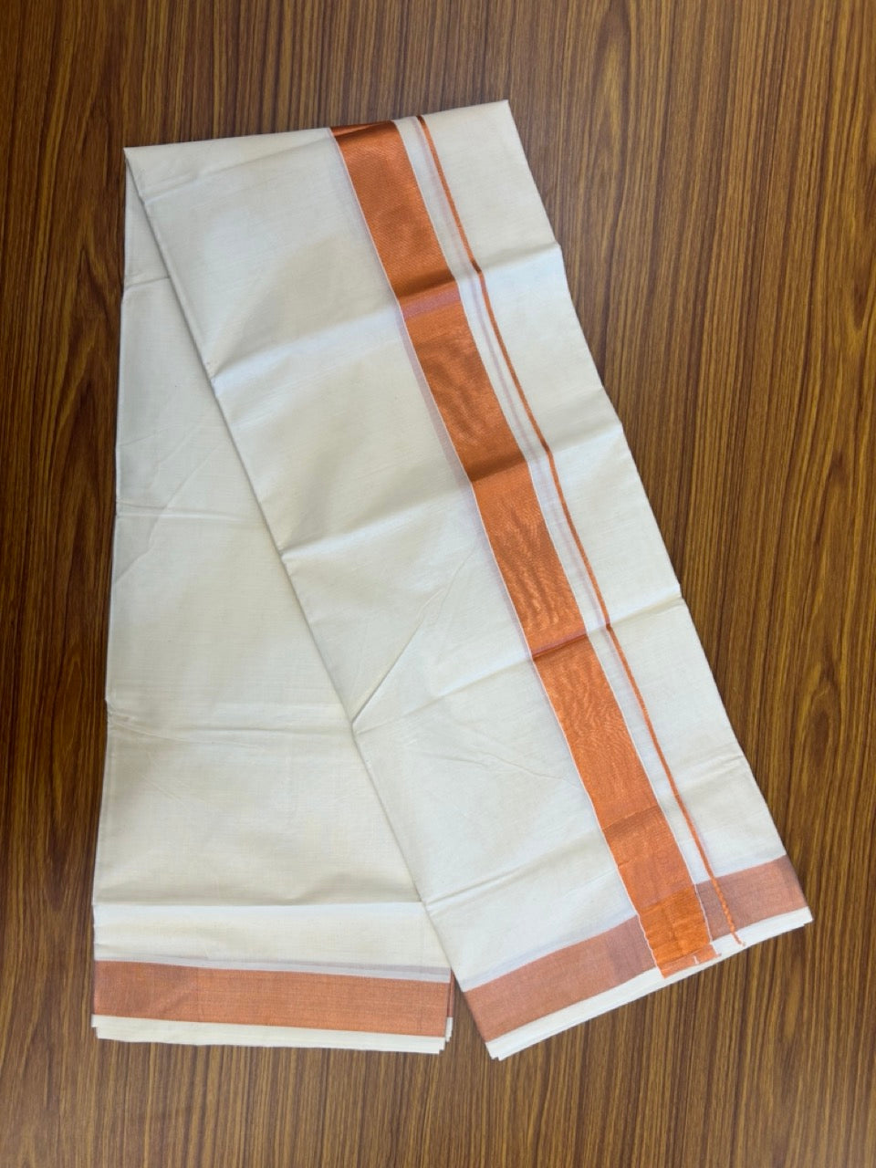 20% Discount! KaithariKada Balaramapuram 100% Cotton Double Off White - (Unbleached) Mundu/Dhoti - 80x80 - 1.5 inch Copper kasav Kara 4 mtrs - 4 KK5253 GAN