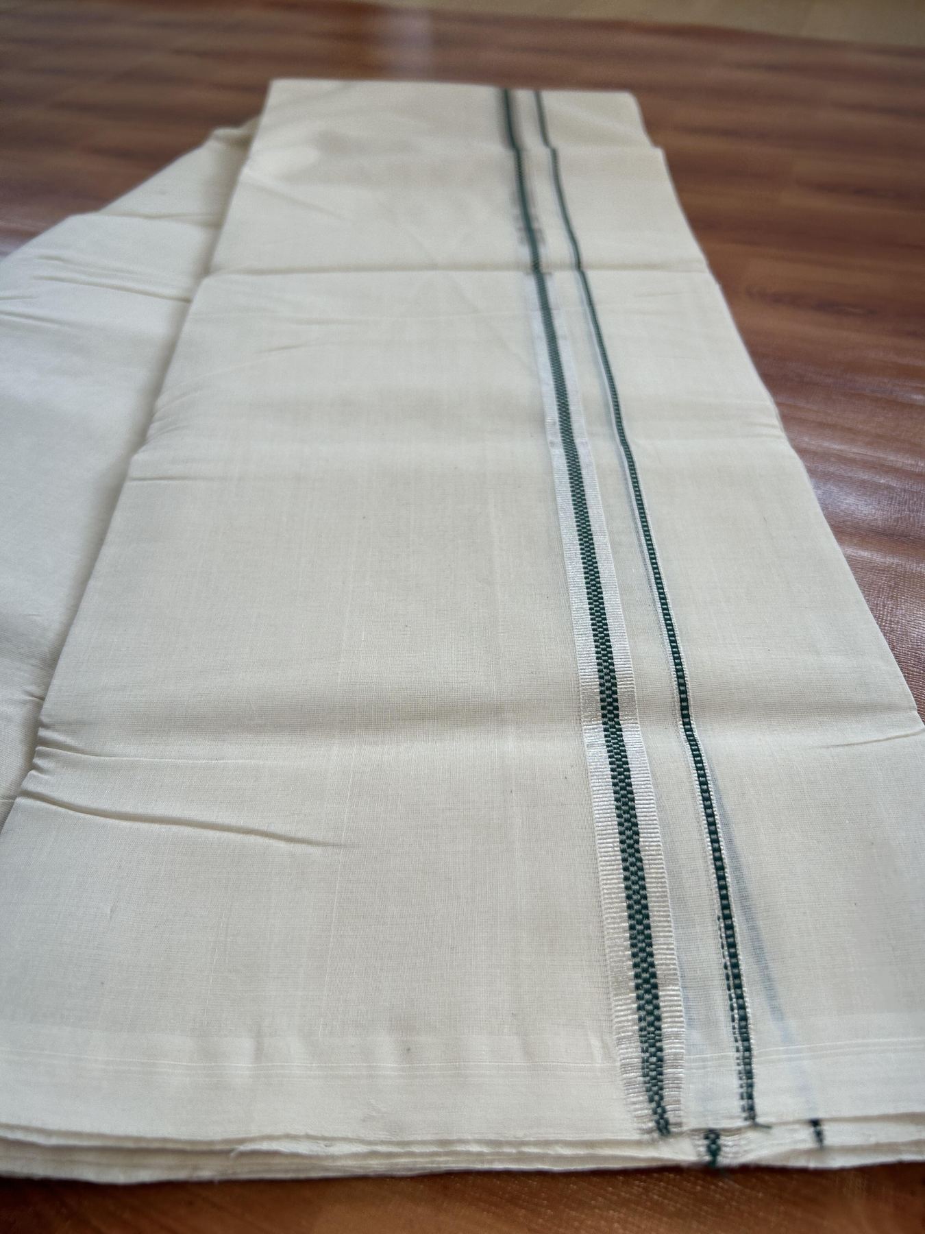 25% Discount ! KaithariKada Handloom Millpaav - Kerala Handloom - 100% Pure Cotton Off White (Unbleached) Double Mundu/Dothi - 100x80 - 0.5 inch Silver Kasav & Green Muthukuri Kara 3.80 Meters (8 Muzham) - 90 KK5380 SOM