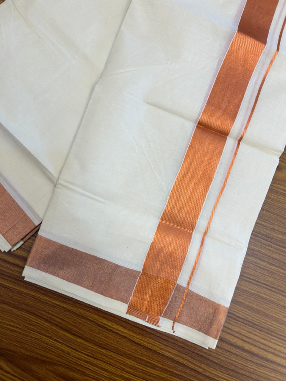 20% Discount! KaithariKada Balaramapuram 100% Cotton Double Off White - (Unbleached) Mundu/Dhoti - 80x80 - 1.5 inch Copper kasav Kara 4 mtrs - 4 KK5253 GAN