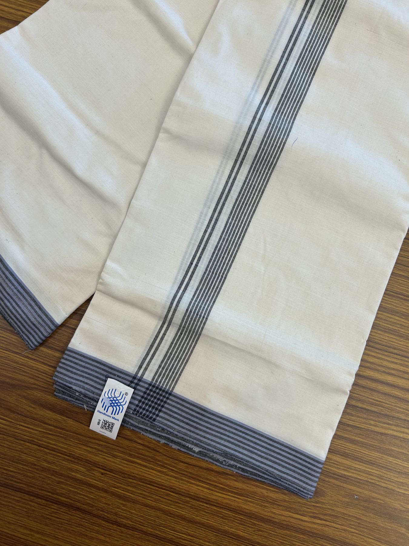 Kerala Handloom - Signature Kaitharikada - Government Sealed Hallmarked-100% Pure Cotton! (2/120X2/160) Twisted Thread- Off White Double Mundu/Dhoti - 0.75 inch Black Shaded Striped Kara 4 mtr (8.5 muzham) - 26 KK5331 KAL
