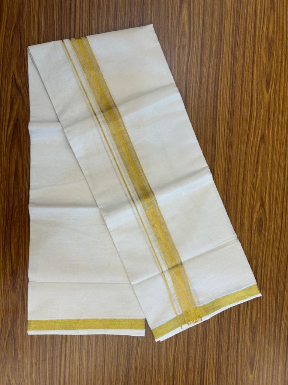 20% Discount ! Kaitharikada Balaramapuram 100% Cotton Off White Double Mundu/Dothi - 100x100- 1.25 Inch Gold Kasav Design Kara - 14 KK5253 GAN