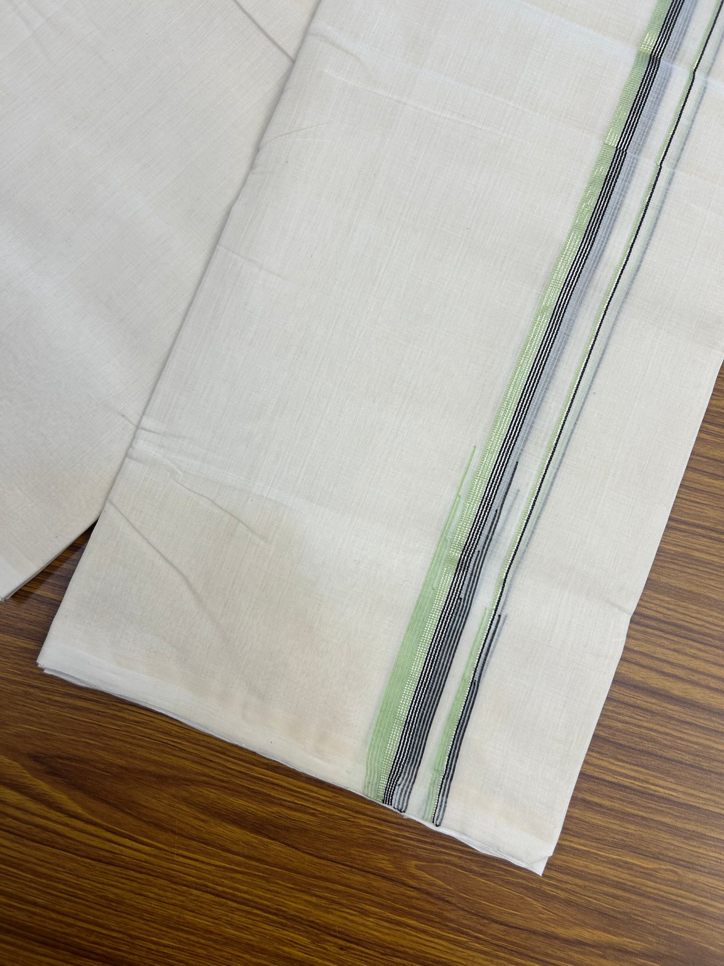 25% Discount ! KaithariKada Handloom Millpaav Kerala Handloom - 100% Pure Cotton Off White Double (Unbleached) Mundu/Dothi - 80X90 - 1 inch Puliyilakkara Silver Kasav Black & Light Green Stripes chutty Kara 4 mtr (8.5 Muzham) - 16 KK5376 RAM