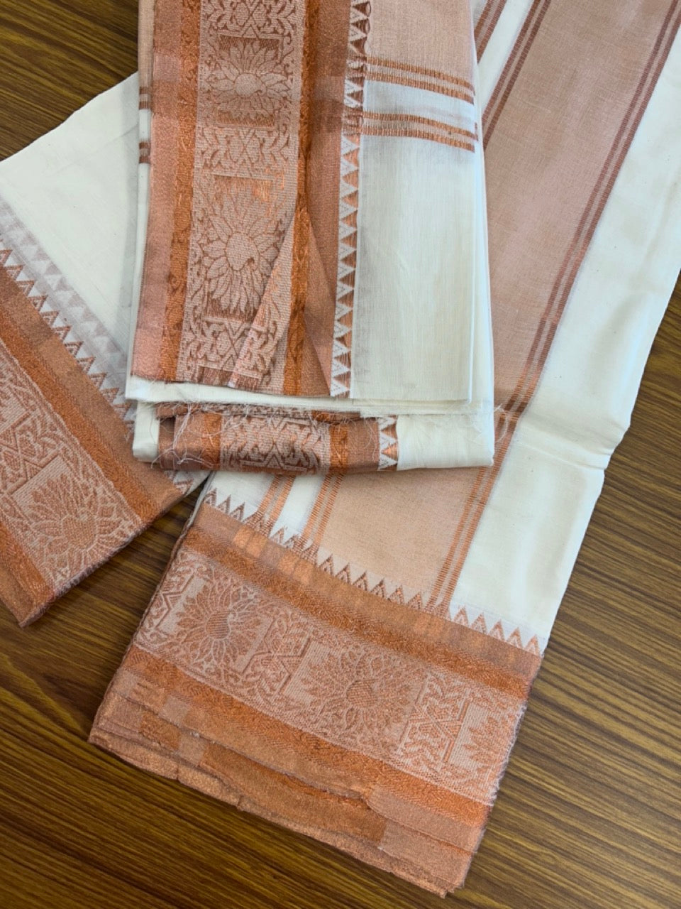 20% Discount! KaithariKada Mixed Cotton Off White - (Unbleached) 80x90 thread - North Indian - Gamcha 8x4 - 3.5 inch kara with Copper Kasav Design border - 5 KK5303 PMC