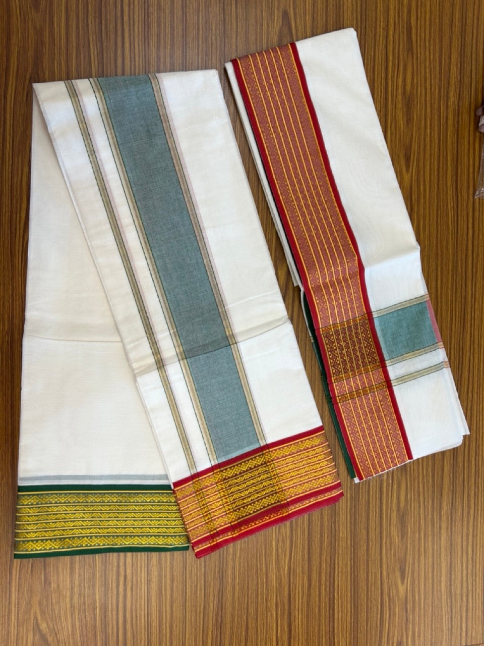 20% Discount! KaithariKada Mixed Cotton Off White - (Unbleached) 80x90 thread - North Indian - Gamcha 8x4 - 3.25 inch kara with Green & Red Gold Kasav Jacquard border - 20 KK5303 PMC