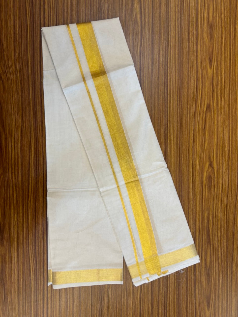20% Discount ! Kaitharikada Balaramapuram 100% Cotton Off White Double Mundu/Dothi - 100x100- 1.5 Inch Gold Kasav Kara - 17 KK5253 GAN