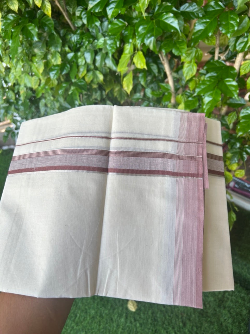 20% DISCOUNT! KaithariKada Balaramapuram 100% Cotton Double OFF WHITE (unbleached) Mundu/Dhoti- 100x80- 1.25 inch Silver Kasavu & Brown Stripes Shaded Kara 4 mtr (8.5 muzham) - 96KK5227 PMC