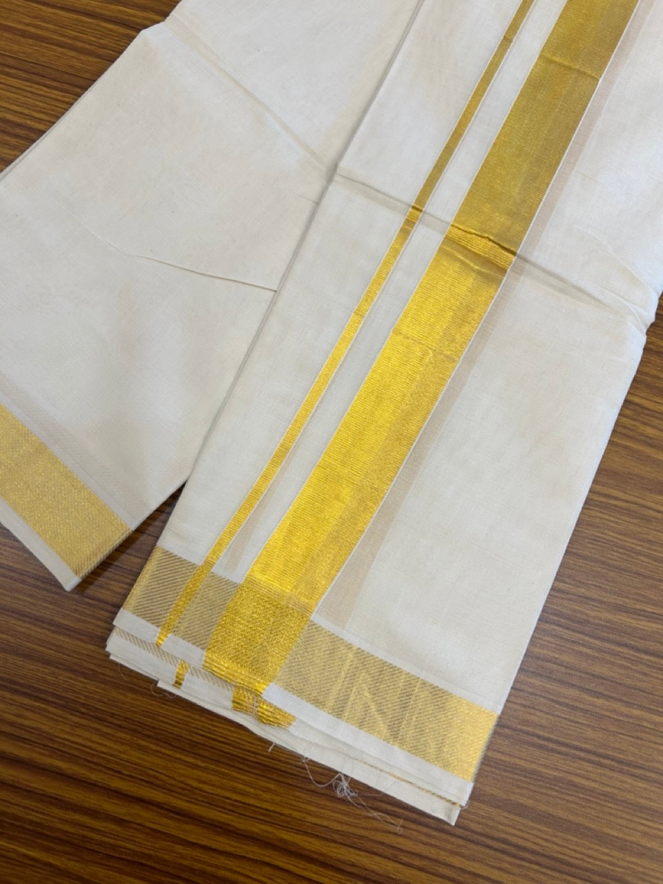 20% Discount ! Kaitharikada Balaramapuram 100% Cotton Off White Double Mundu/Dothi - 100x100- 1.5 Inch Gold Kasav Kara - 17 KK5253 GAN