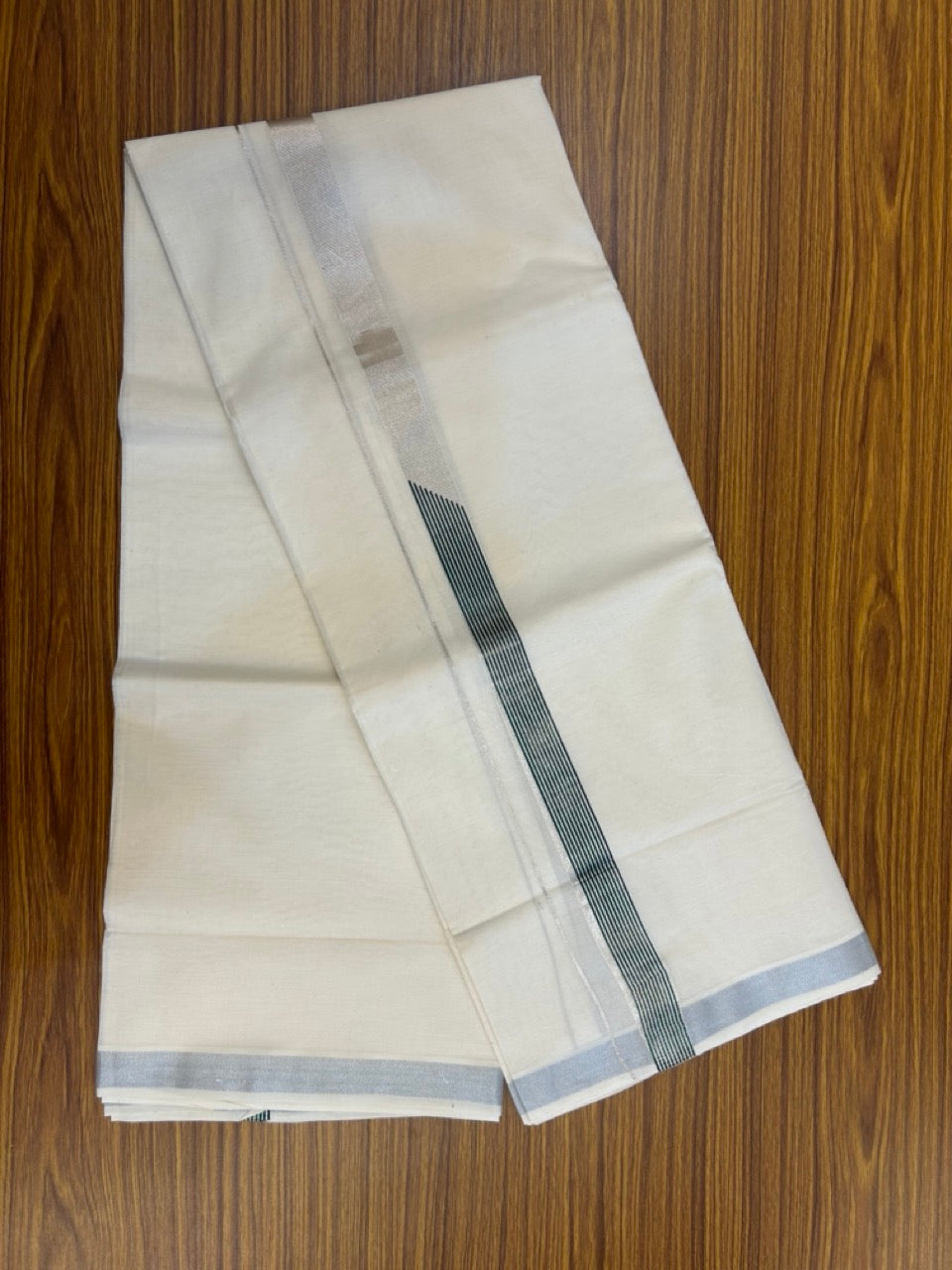 22% Discount!! KaithariKada Balaramapuram 100% Cotton Double Off White - (Ubleached) Mundu/Dhoti - 80x80 - 1 inch Silver Kasavu & Green striped One side chutty Printed Kara - 4 mtr (8 muzham) - 12 KK5253 GAN