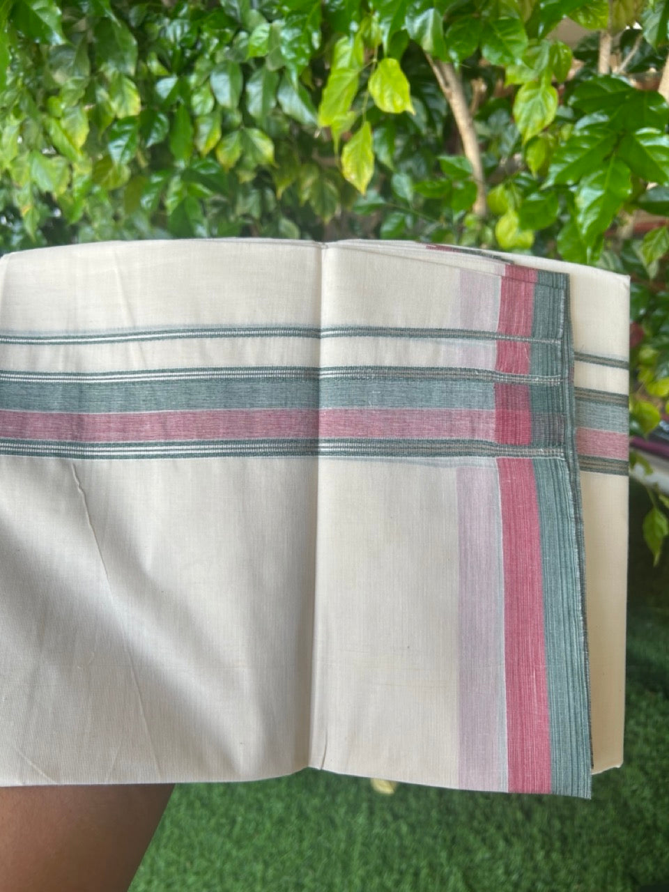 20% DISCOUNT! KaithariKada Balaramapuram 100% Cotton Double OFF WHITE (unbleached) Mundu/Dhoti- 100x80- 1.75 inch Silver Kasavu Red Pink & Dark Green Stripes Shaded Kara 4 mtr (8.5 muzham) - 90KK5227 PMC