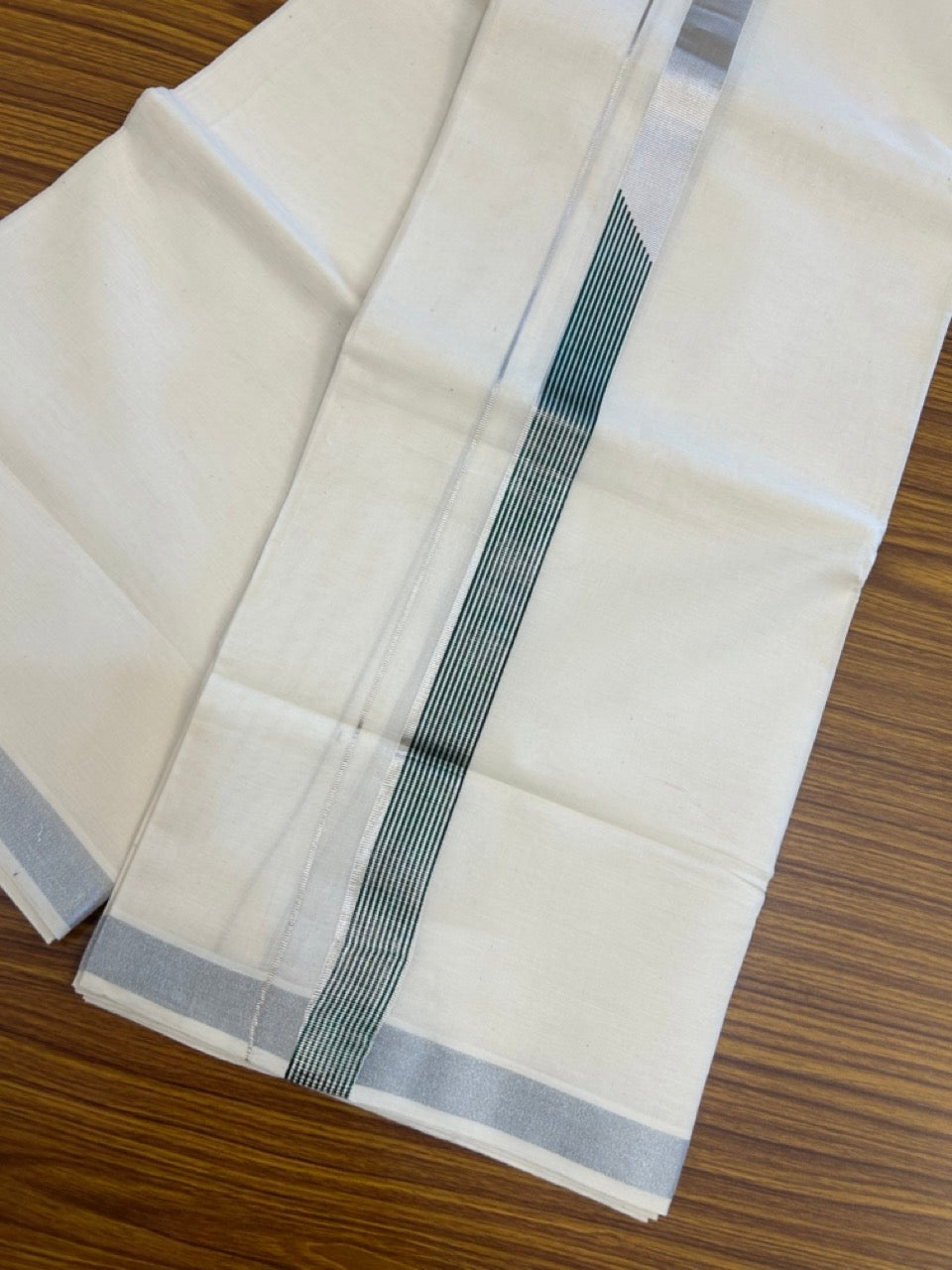 22% Discount!! KaithariKada Balaramapuram 100% Cotton Double Off White - (Ubleached) Mundu/Dhoti - 80x80 - 1 inch Silver Kasavu & Green striped One side chutty Printed Kara - 4 mtr (8 muzham) - 12 KK5253 GAN
