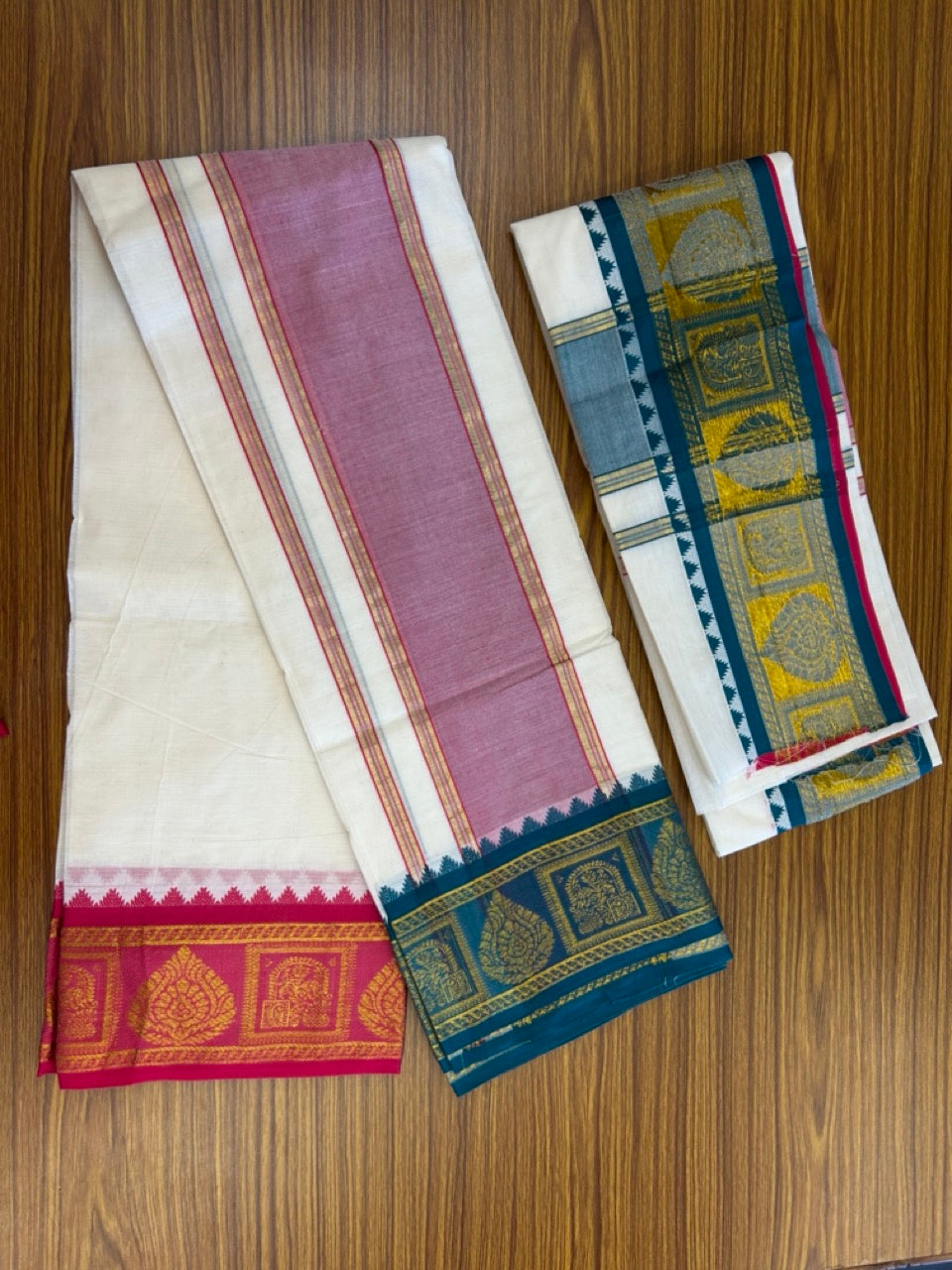 20% Discount! KaithariKada Mixed Cotton Off White - (Unbleached) 80x90 thread - North Indian - Gamcha 8x4 - 4 inch kara with Peacock Green & Rani Pink Gold Kasav Jacquard border - 14 KK5303 PMC