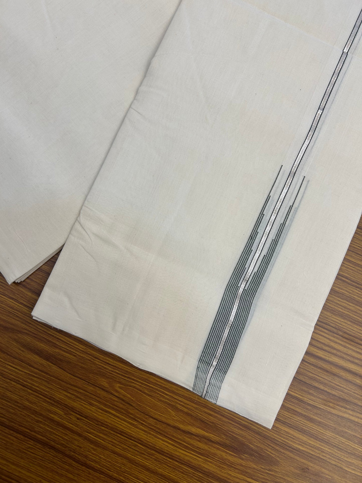 25% Discount ! KaithariKada Handloom Millpaav Kerala Handloom - 100% Pure Cotton Off White Double (Unbleached) Mundu/Dothi - 80X90 - 1 inch Puliyilakkara Silver Kasav & Sage Green Stripes chutty Kara 4 mtr (8.5 Muzham) - 13 KK5376 RAM