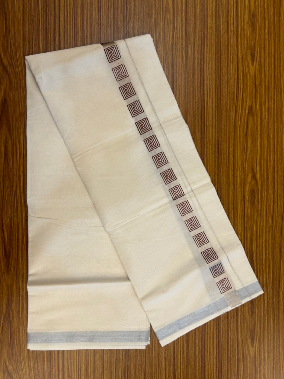 22% Discount!! KaithariKada Balaramapuram 100% Cotton Double Off White - (Ubleached) Mundu/Dhoti - 80x80 - 1 inch Silver Kasavu & Brown Printed Design Kara - 4 mtr (8 muzham)- 5 KK5253 GAN
