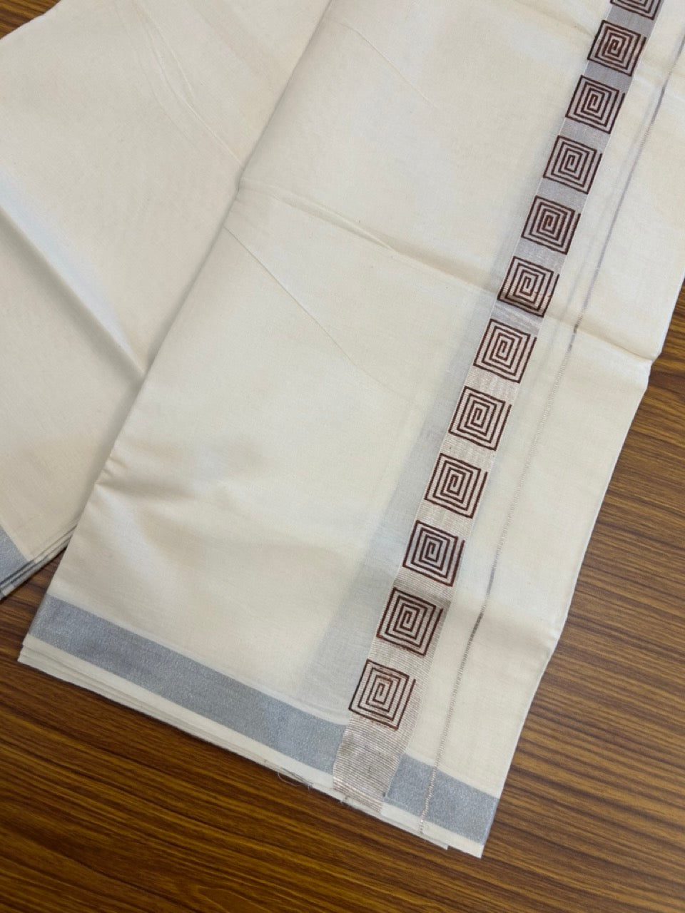22% Discount!! KaithariKada Balaramapuram 100% Cotton Double Off White - (Ubleached) Mundu/Dhoti - 80x80 - 1 inch Silver Kasavu & Brown Printed Design Kara - 4 mtr (8 muzham)- 5 KK5253 GAN