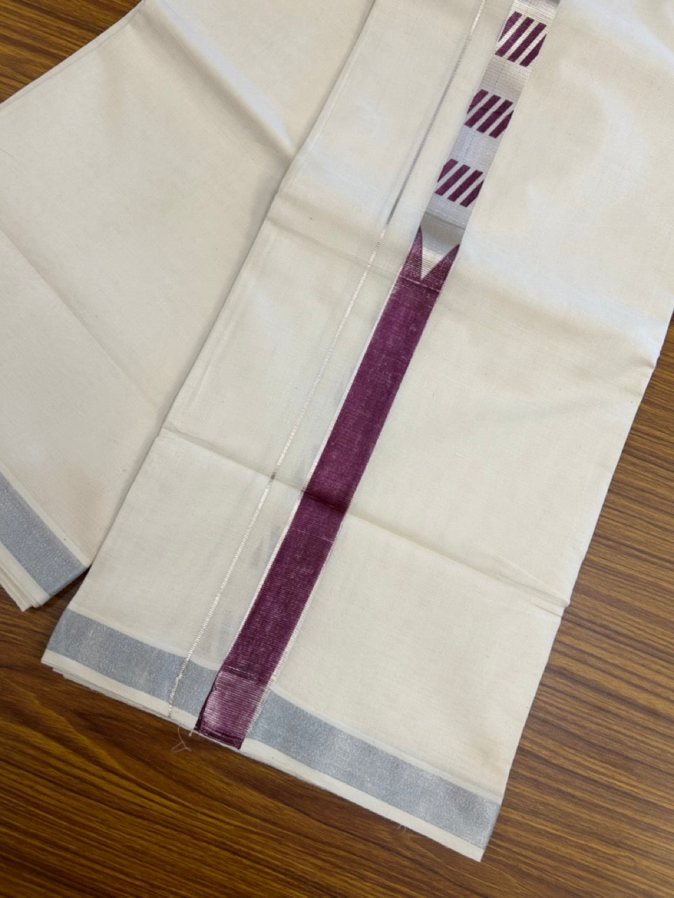 22% Discount!! KaithariKada Balaramapuram 100% Cotton Double Off White - (Ubleached) Mundu/Dhoti - 80x80 - 1 inch Silver Kasavu & Wine Purple One side chutty Printed Design Kara - 4 mtr (8 muzham) - 11 KK5253 GAN