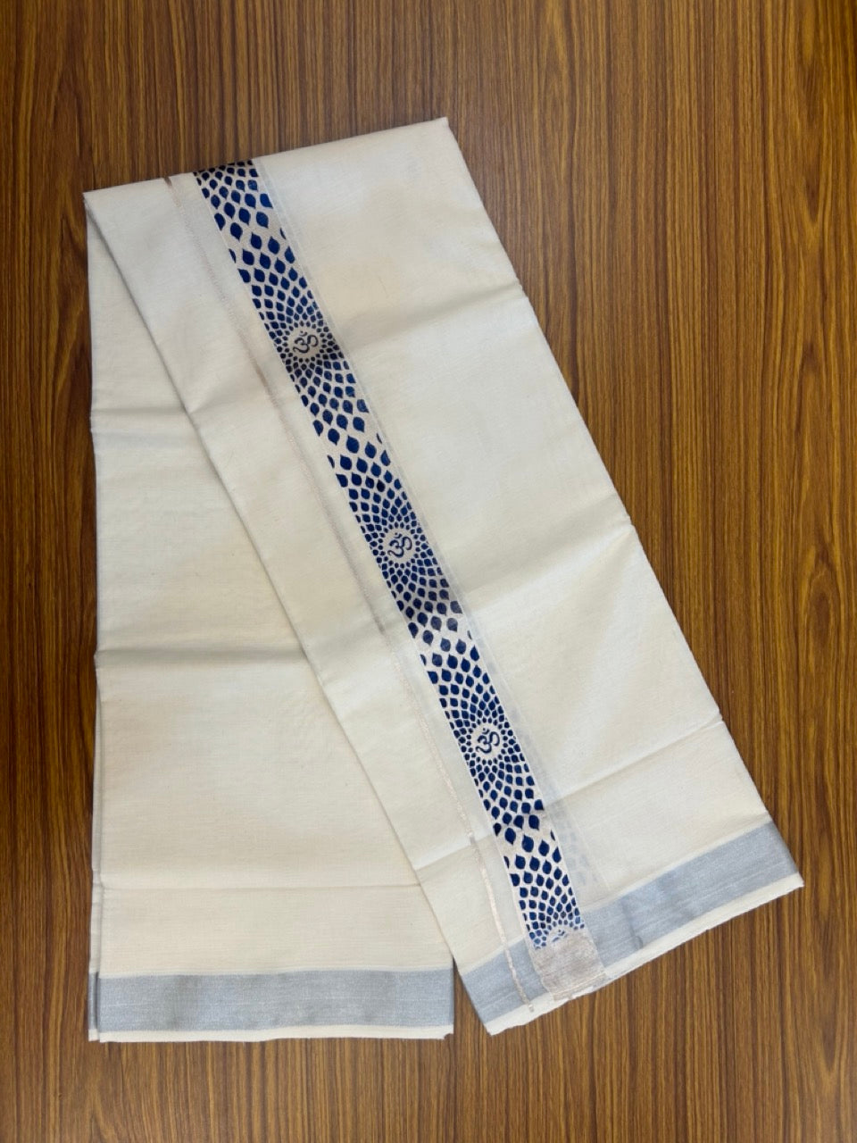 22% Discount!! KaithariKada Balaramapuram 100% Cotton Double Off White - (Ubleached) Mundu/Dhoti - 80x80 - 1.5 inch Silver Kasavu & Blue Ohm Printed Design Kara - 4 mtr (8 muzham) - 9 KK5253 GAN