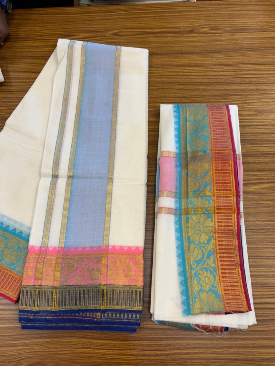 20% Discount! KaithariKada Mixed Cotton Off White - (Unbleached) 80x90 thread - North Indian - Gamcha 8x4 - 4 inch kara with Pink, Cyan Blue , Red & Blue Gold Kasav Jacquard border - 10 KK5303 PMC