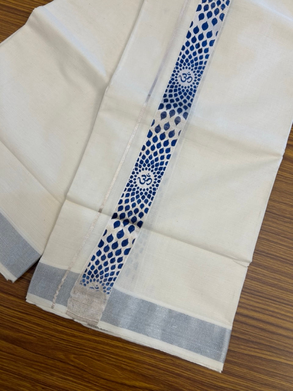 22% Discount!! KaithariKada Balaramapuram 100% Cotton Double Off White - (Ubleached) Mundu/Dhoti - 80x80 - 1.5 inch Silver Kasavu & Blue Ohm Printed Design Kara - 4 mtr (8 muzham) - 9 KK5253 GAN