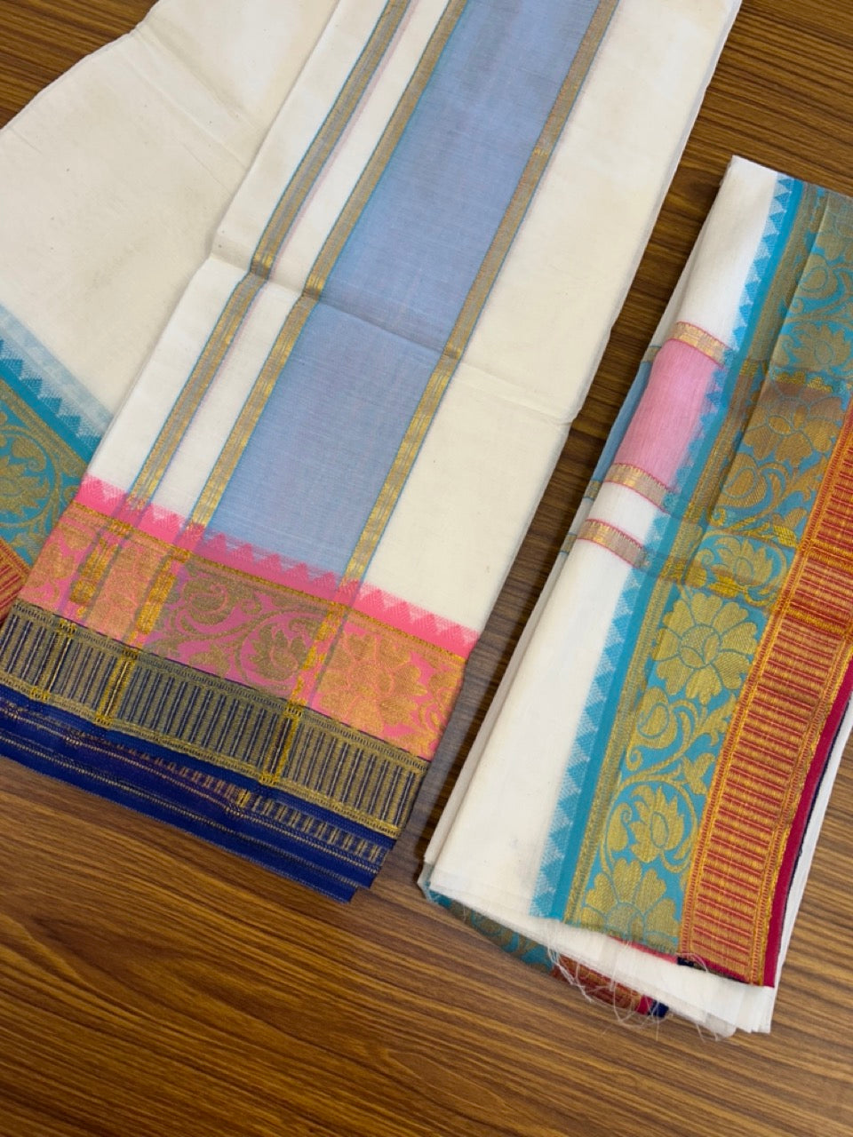 20% Discount! KaithariKada Mixed Cotton Off White - (Unbleached) 80x90 thread - North Indian - Gamcha 8x4 - 4 inch kara with Pink, Cyan Blue , Red & Blue Gold Kasav Jacquard border - 10 KK5303 PMC