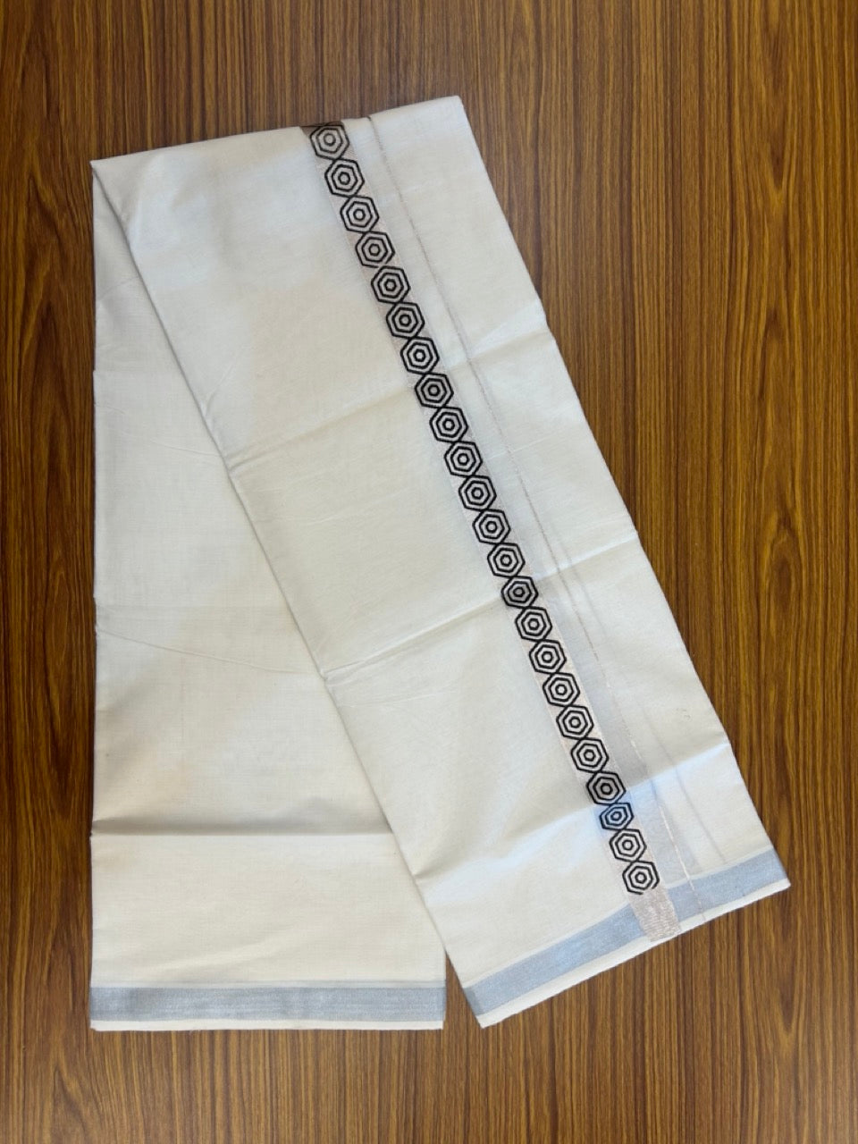 22% Discount!! KaithariKada Balaramapuram 100% Cotton Double Off White - (Ubleached) Mundu/Dhoti - 80x80 - 1 inch Silver Kasavu & Black Printed Design Kara - 4 mtr (8 muzham) - 8 KK5253 GAN