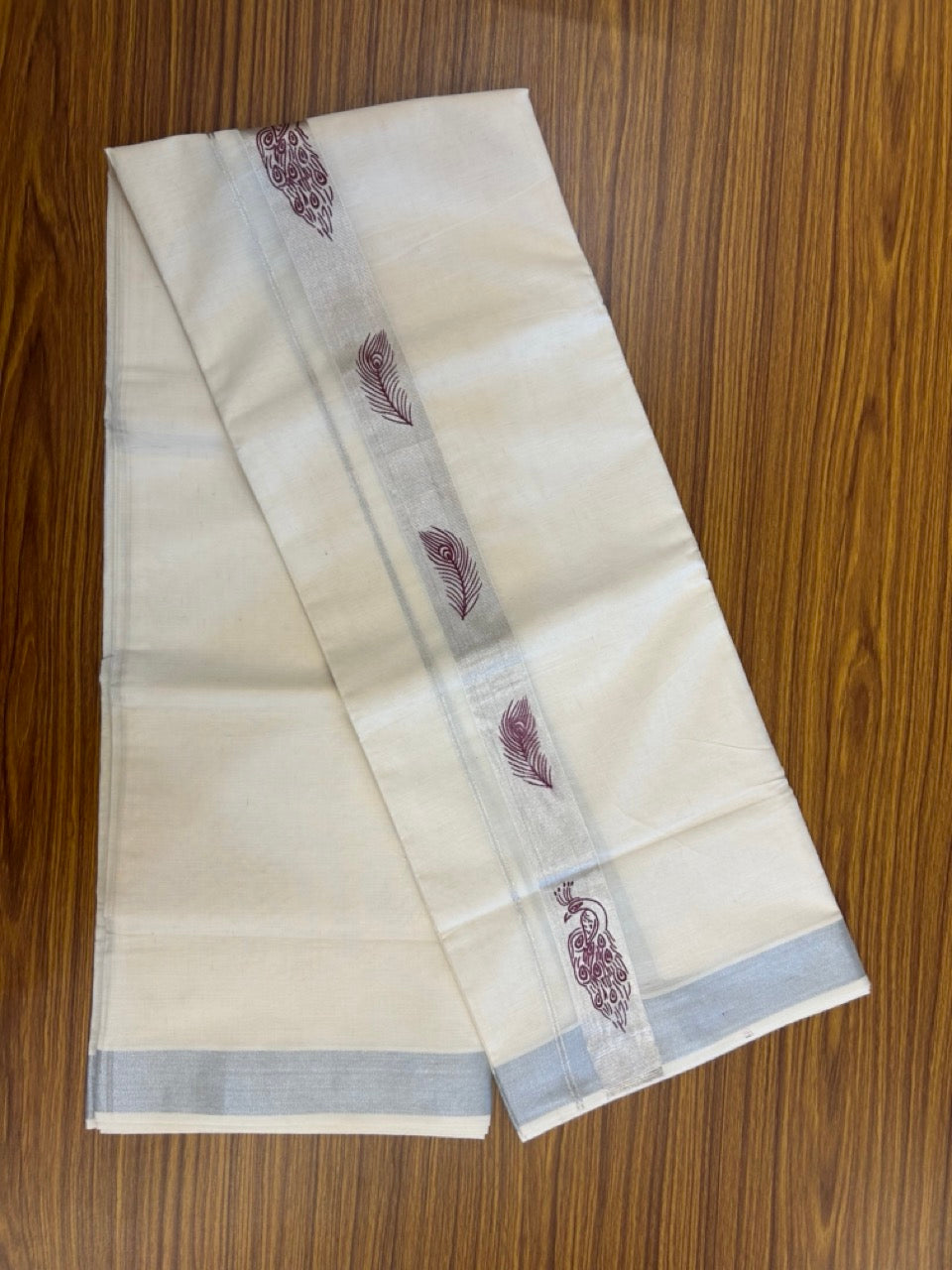 22% Discount!! KaithariKada Balaramapuram 100% Cotton Double Off White - (Ubleached) Mundu/Dhoti - 80x80 - 1.5 inch Silver Kasavu Purple Peacock & Peacock Feather Printed Design Kara - 4 mtr (8 muzham) - 10 KK5253 GAN