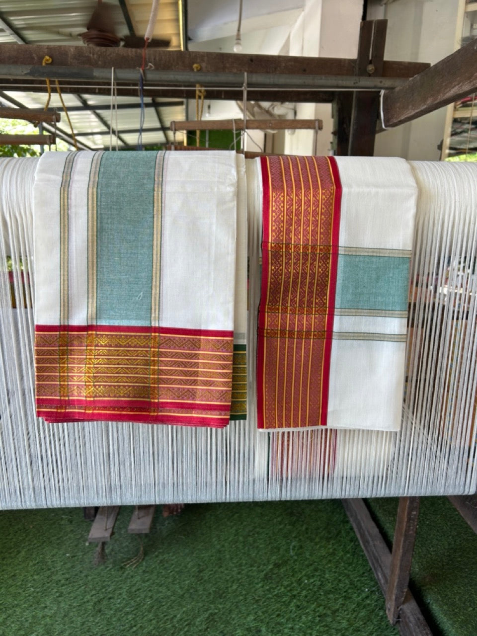 20% Discount! KaithariKada Mixed Cotton Off White - (Unbleached) 80x90 thread - North Indian - Gamcha 8x4 - 3.25 inch kara with Green & Red Gold Kasav Jacquard border - 20 KK5303 PMC
