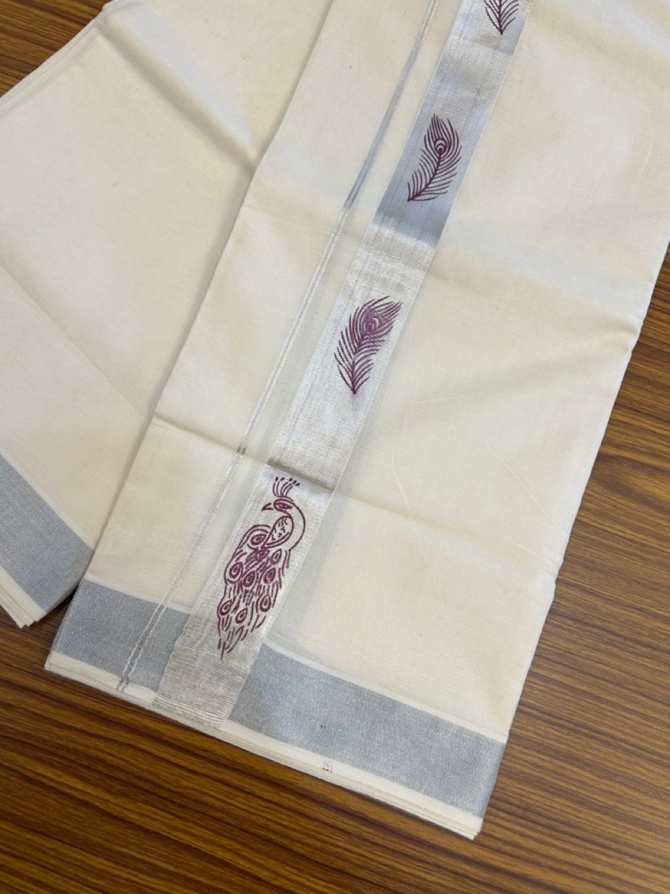 22% Discount!! KaithariKada Balaramapuram 100% Cotton Double Off White - (Ubleached) Mundu/Dhoti - 80x80 - 1.5 inch Silver Kasavu Purple Peacock & Peacock Feather Printed Design Kara - 4 mtr (8 muzham) - 10 KK5253 GAN