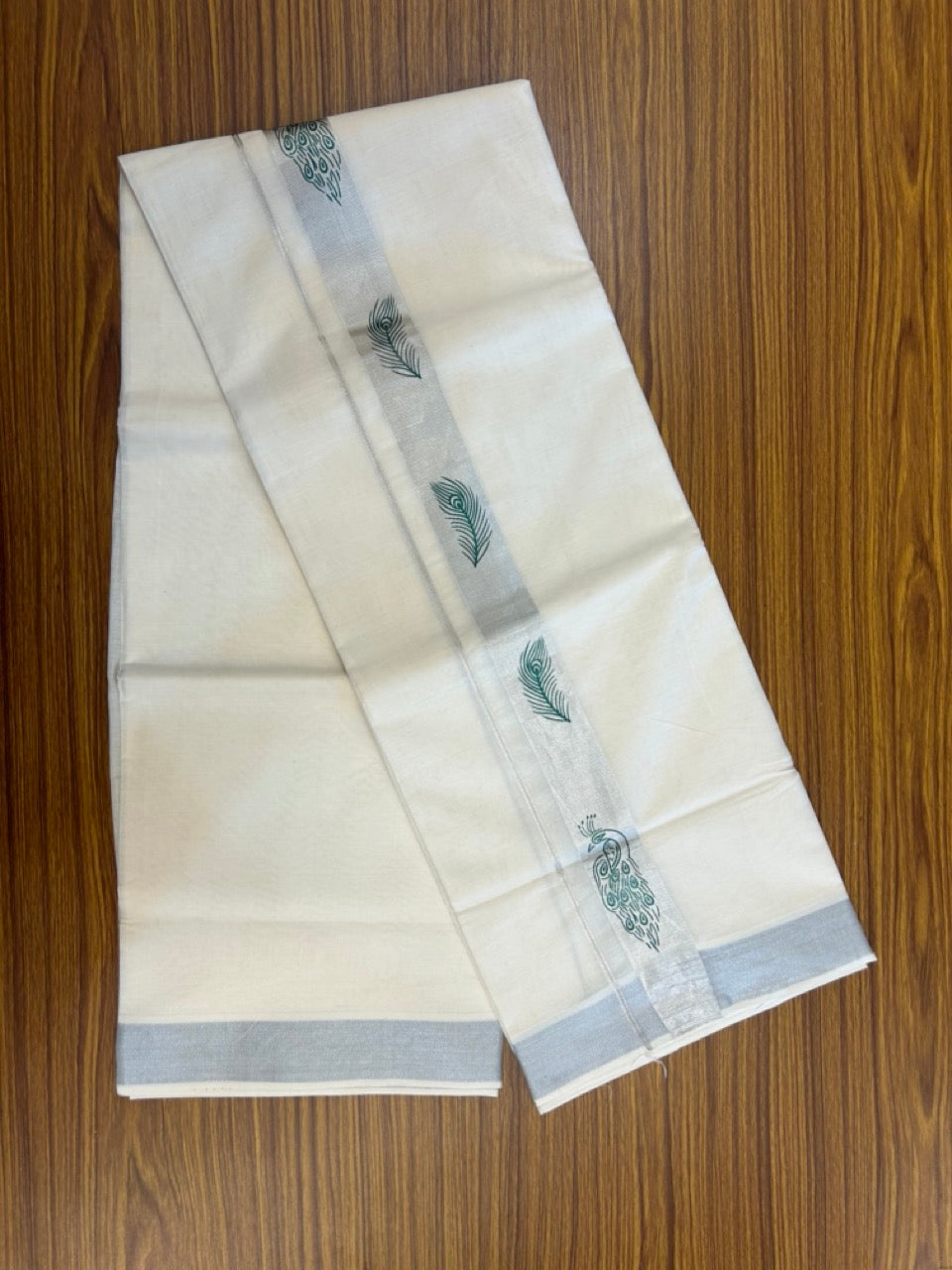 22% Discount!! KaithariKada Balaramapuram 100% Cotton Double Off White - (Ubleached) Mundu/Dhoti - 80x80 - 1.5 inch Silver Kasavu with Green Peacock & Peacock Feather Printed Design Kara - 19 KK5253 GAN