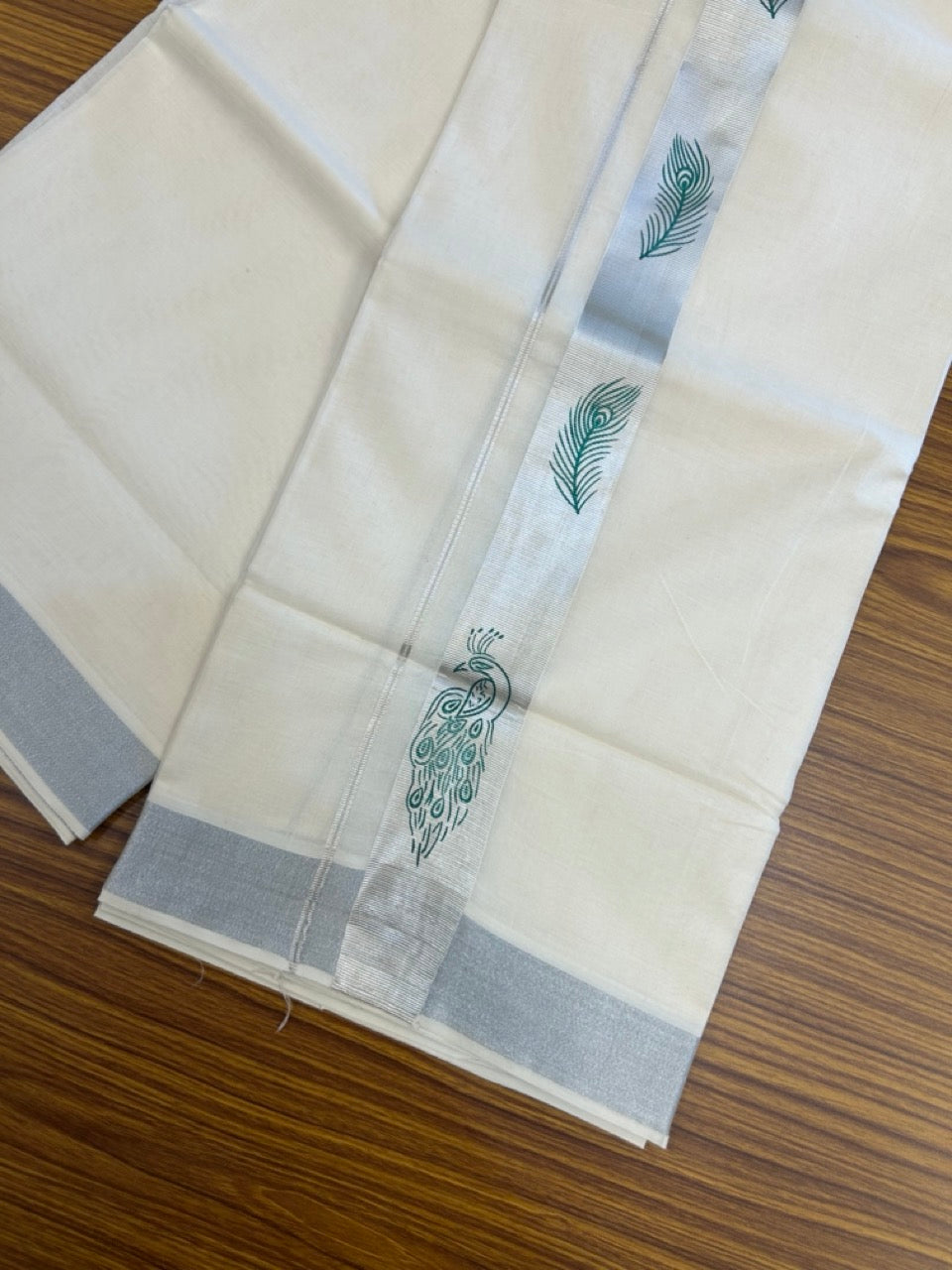 22% Discount!! KaithariKada Balaramapuram 100% Cotton Double Off White - (Ubleached) Mundu/Dhoti - 80x80 - 1.5 inch Silver Kasavu with Green Peacock & Peacock Feather Printed Design Kara - 19 KK5253 GAN