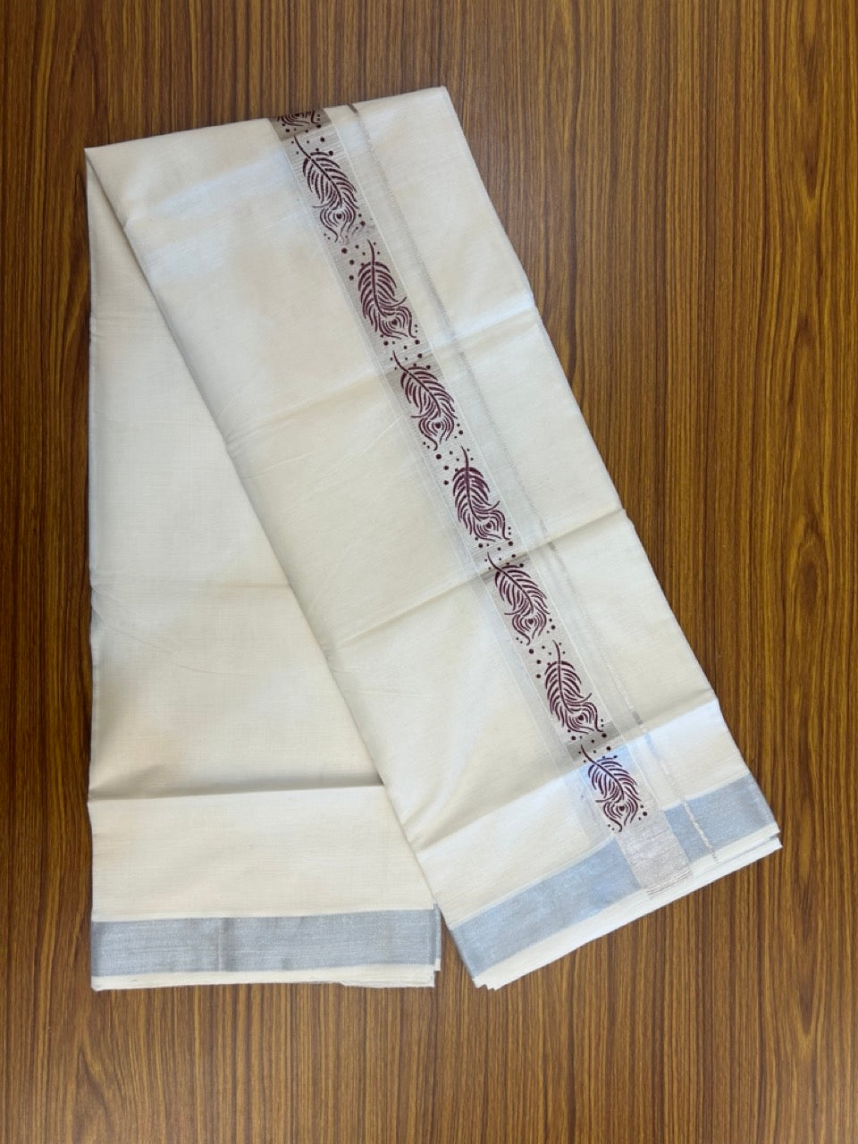 22% Discount!! KaithariKada Balaramapuram 100% Cotton Double Off White - (Ubleached) Mundu/Dhoti - 80x80 - 1.5 inch Silver Kasavu & Maroon Peacock Feather Printed Design Kara - 20 KK5253 GAN