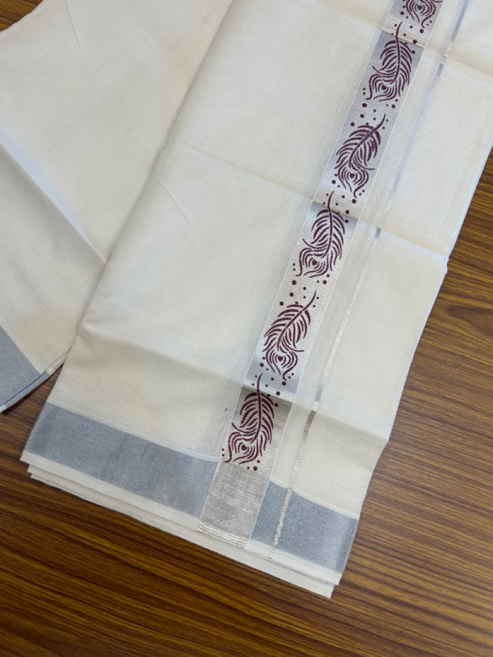 22% Discount!! KaithariKada Balaramapuram 100% Cotton Double Off White - (Ubleached) Mundu/Dhoti - 80x80 - 1.5 inch Silver Kasavu & Maroon Peacock Feather Printed Design Kara - 20 KK5253 GAN