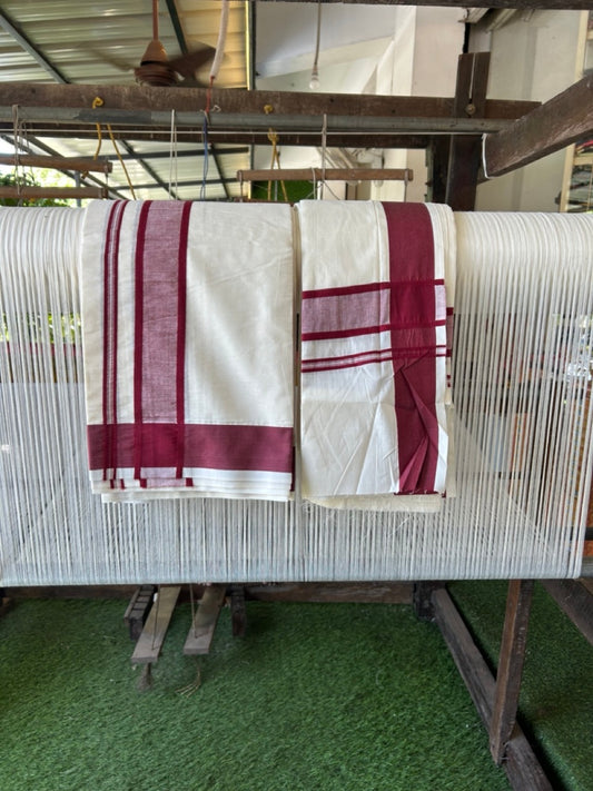 20% Discount! KaithariKada Mixed Cotton Off White - (Unbleached) 80x90 thread - North Indian - Gamcha 8x4 - 2 inch Maroon Shaded kara with Maroon border - 26 KK5303 PMC