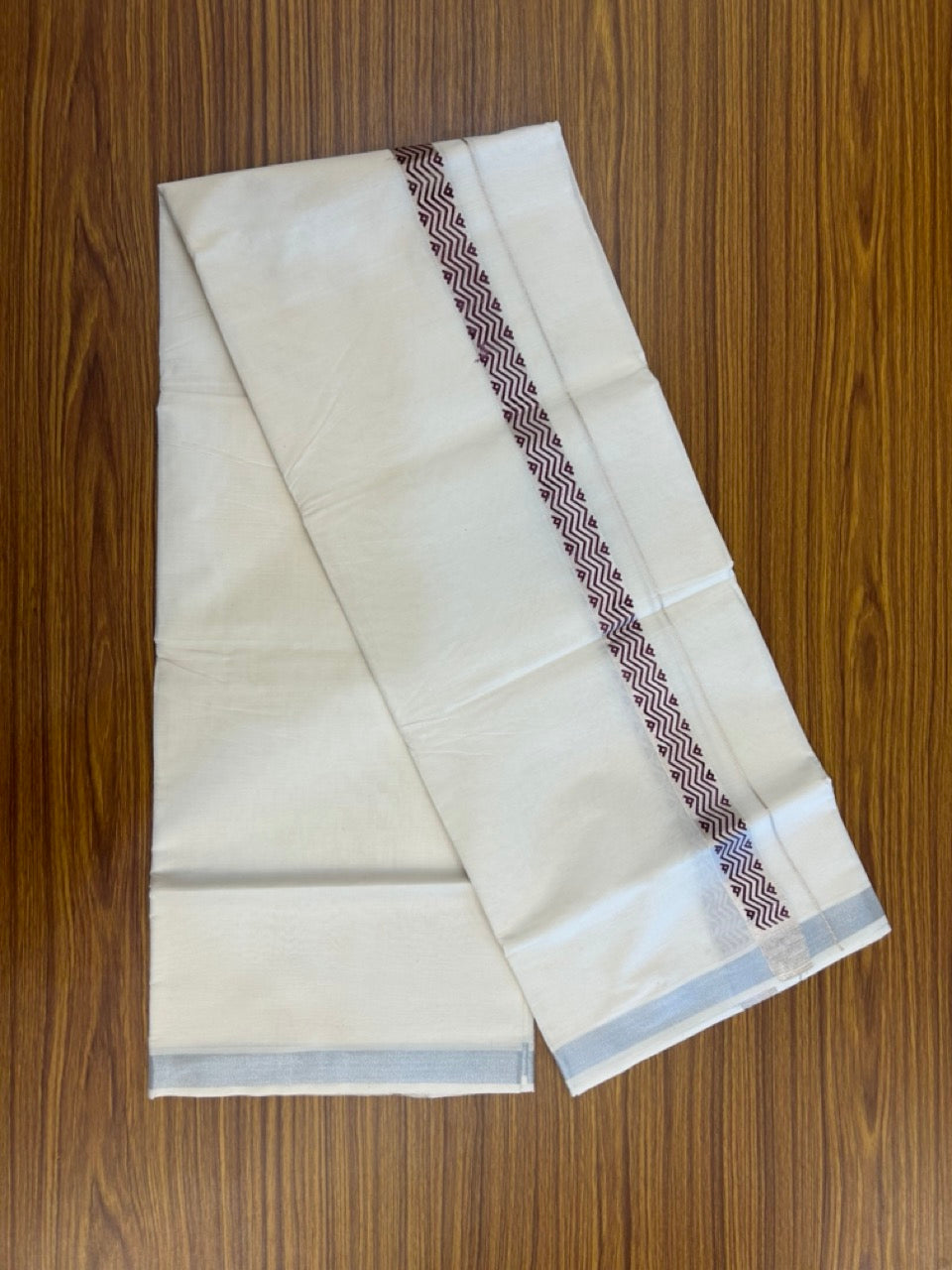 22% Discount!! KaithariKada Balaramapuram 100% Cotton Double Off White - (Ubleached) Mundu/Dhoti - 80x80 - 1 inch Silver Kasavu & Maroon Printed Design Kara - 21 KK5253 GAN