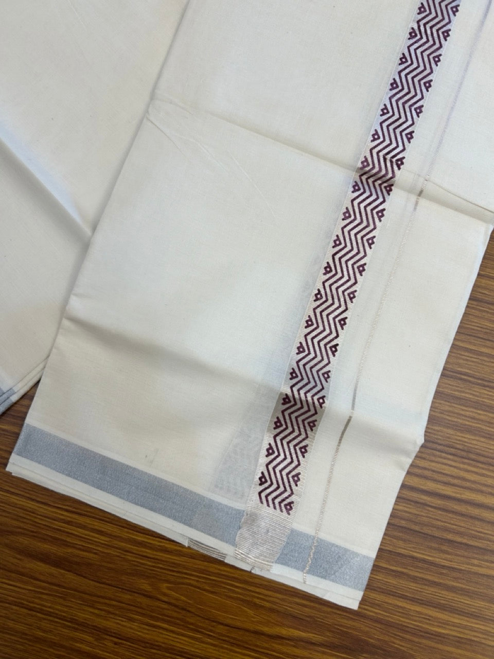 22% Discount!! KaithariKada Balaramapuram 100% Cotton Double Off White - (Ubleached) Mundu/Dhoti - 80x80 - 1 inch Silver Kasavu & Maroon Printed Design Kara - 21 KK5253 GAN
