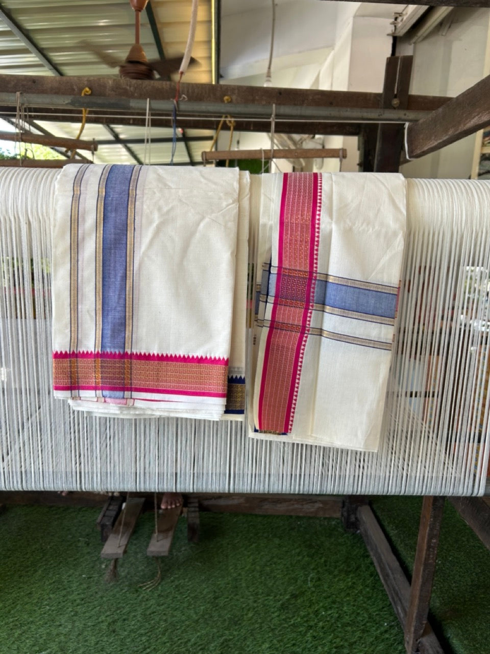 20% Discount! KaithariKada Mixed Cotton Off White - (Unbleached) 80x90 thread - North Indian - Gamcha 8x4 - 2 inch kara with Blue & Rani Pink Gold Kasav Jacquard border - 15 KK5303 PMC