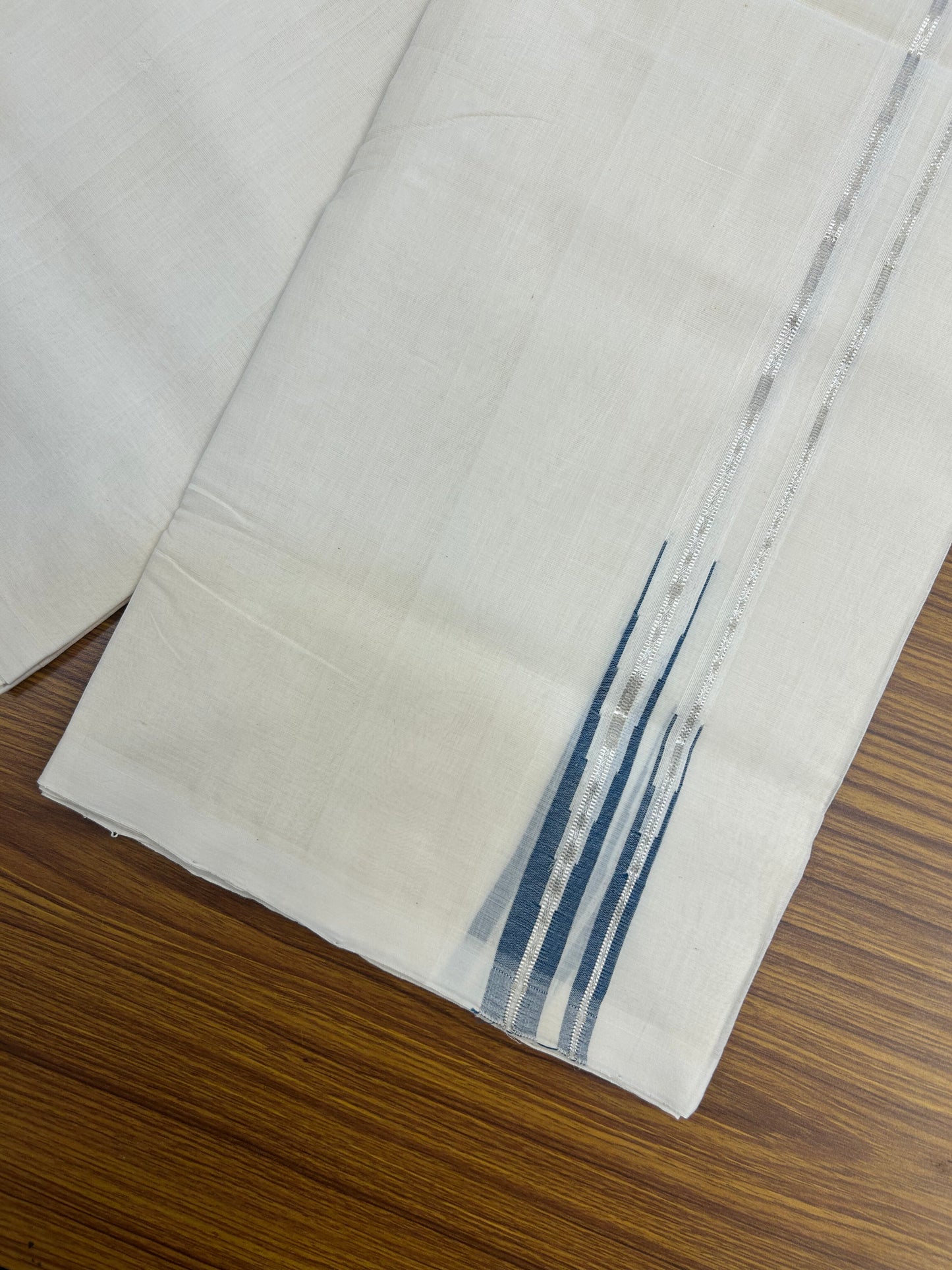 25% Discount! KaithariKada Handloom Millpaav Kerala Handloom - 100% Pure Cotton Off White Double (Unbleached) Mundu/Dothi - 80X90 -1 inch Puliyilakkara Silver Kasav & Peacock Blue Double chutty 4 mtr (8.5 Muzham) - 4 KK5376 RAM